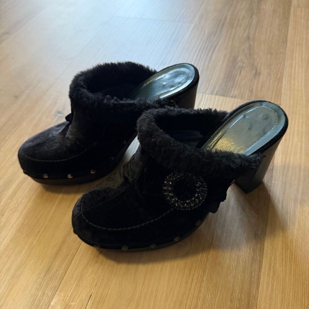 Vintage Via Spiga Women’s Black High Heel Clogs Velvet Faux Fur Lined Size 8.5